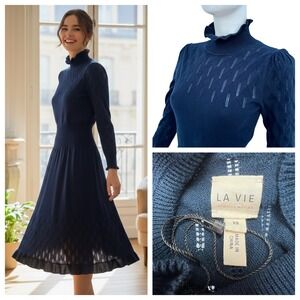 Rebecca Taylor La Vie Navy Wool Pointelle Knit Midi Sweater Dress XS Coquette